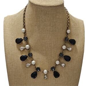 J. Crew Black Crystal Faux Pearl Gold Tone Statement Bib Necklace Antique Finish